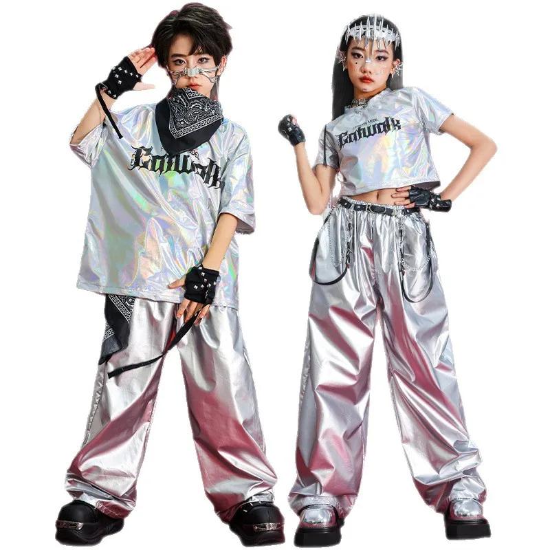Hip Hop garçons T-shirt danse de rue argent pantalon filles K-pop brillant Joggers enfants Jazz vête