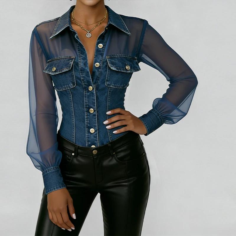 Chemisier vintage en jean et maille transparente pour femme, à manches longues, boutonné, col à reve