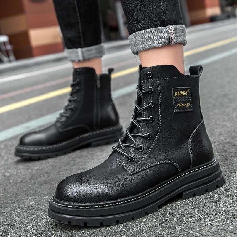 Bottes de moto en cuir véritable pour hommes, chaussures à lacets, fermeture éclair, haut, couple, a