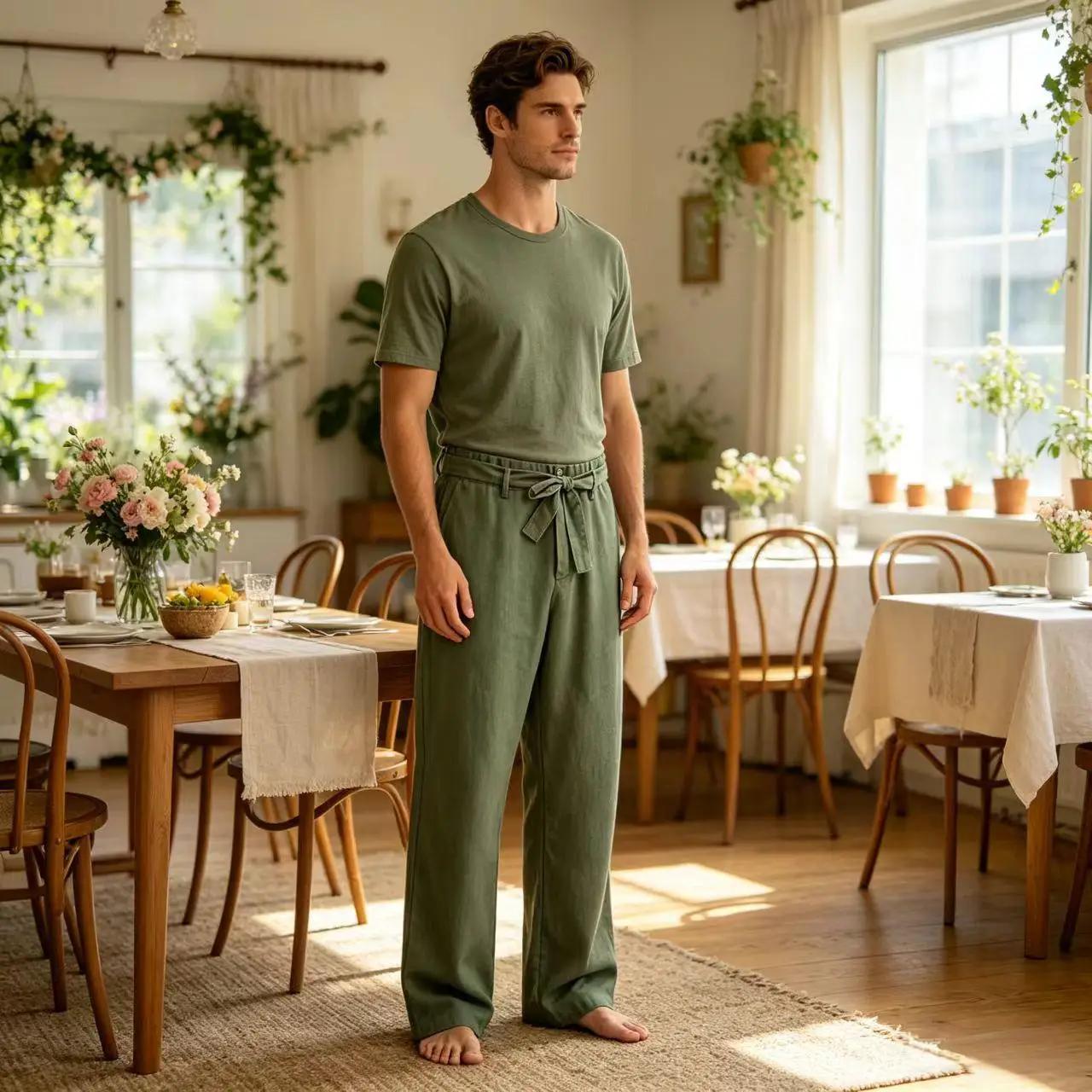 Pantalon décontracté vintage pour homme en mélange de lin à taille haute et jambe large, doux et res