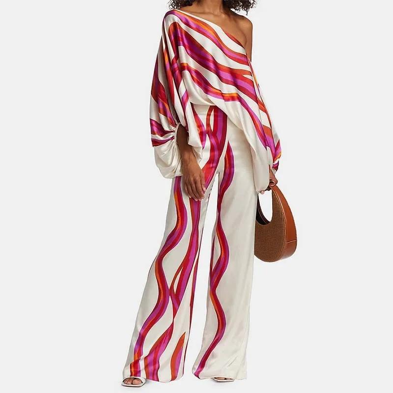 Tenue en Satin imprimé pour femmes, manches lanternes, épaules dénudées, chemisier à manches longues