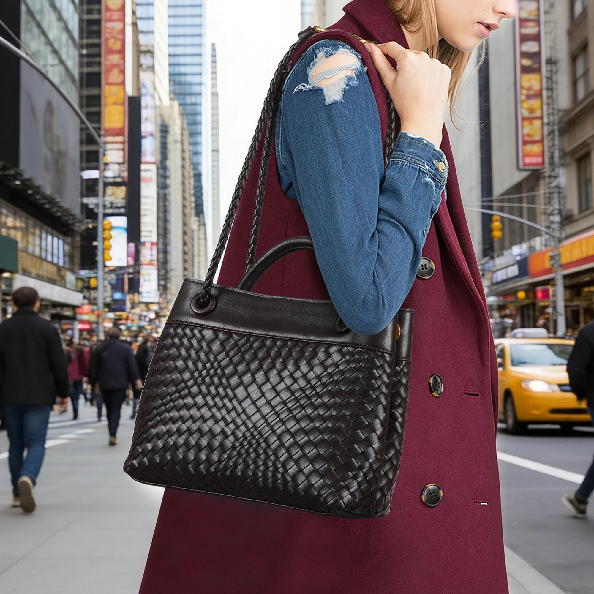 Sac fourre-tout tissé pour femmes, sac à main à bandoulière en cuir végétalien, sacs à main à poigné