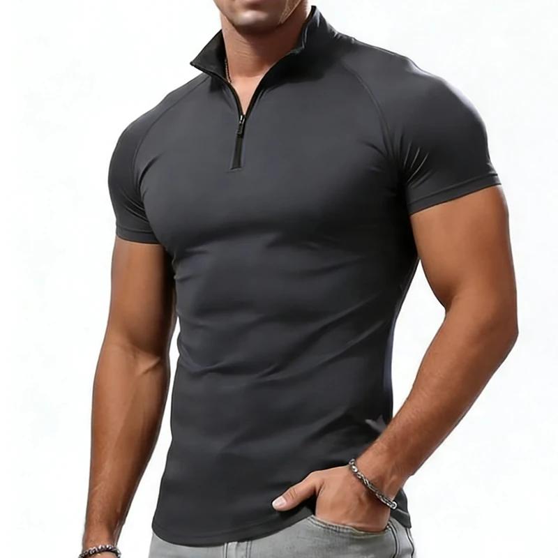 T-shirt de compression pour homme, col zippé, été, hauts décontractés, fitness, gym, coupe ajustée,