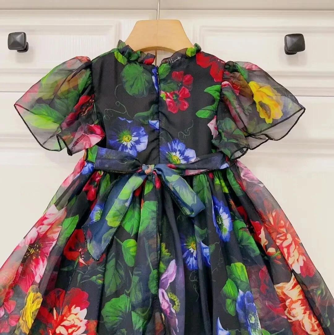 Robe à fleurs noires pour filles, doublure en coton doux, vêtements haut de gamme pour enfants, nouv