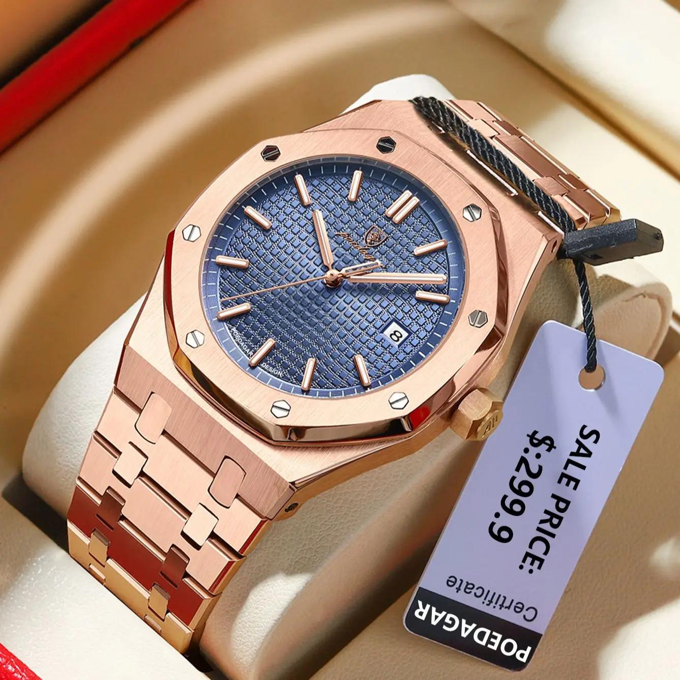POEDAGAR vente chaude étanche calendrier lumineux en acier inoxydable montre carrée pour hommes étud