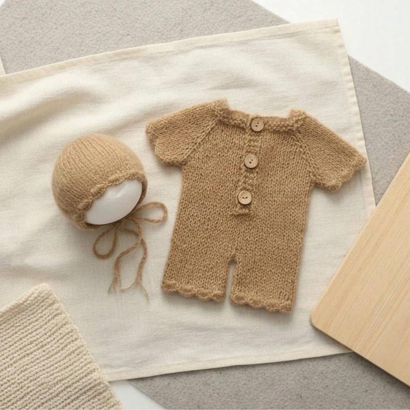 Barboteuse en Crochet faite à la main pour bébé, 2 pièces, avec chapeau, tenues de photographie pour