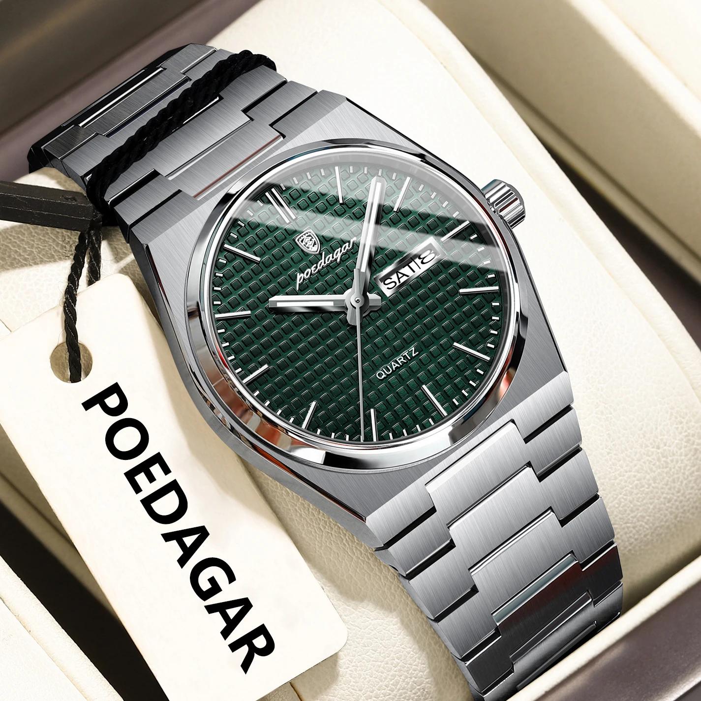 POEDAGAR luxe Original homme montre étanche en acier inoxydable lumineux montre pour homme Date sema