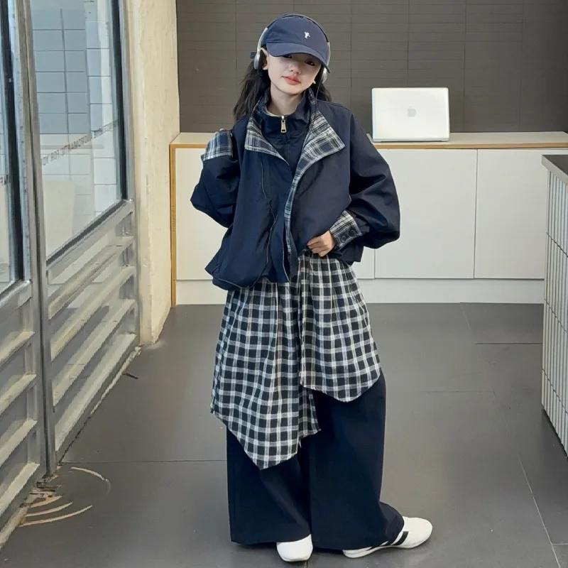 Ensemble de tenues de printemps pour filles, veste à carreaux, ourlet superposé, pantalon à jambes l
