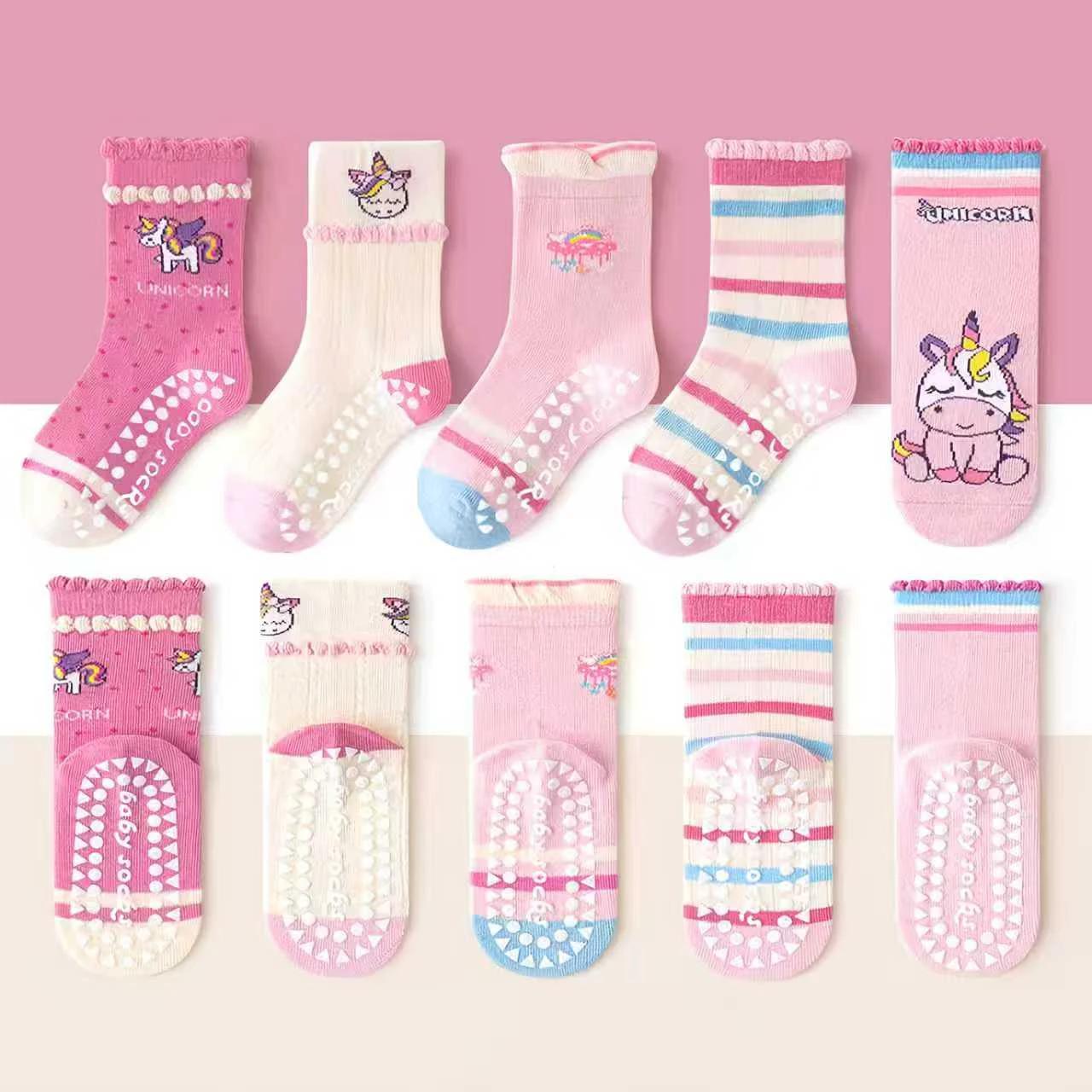 Lot de 5 chaussettes à pois pour enfants avec motif licorne arc-en-ciel et bordure en dentelle, adap