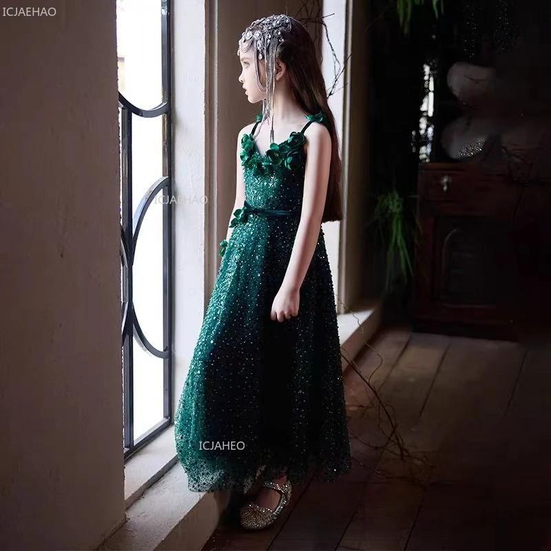 Robe de princesse vert forêt pour filles, robe de cérémonie pour enfants, robe de mariée pour filles