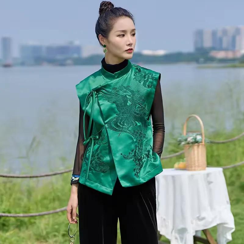 Gilet d'extérieur Vintage de Style chinois, grue blanche/fleurs, gilets à laçage brodés, vêtements é