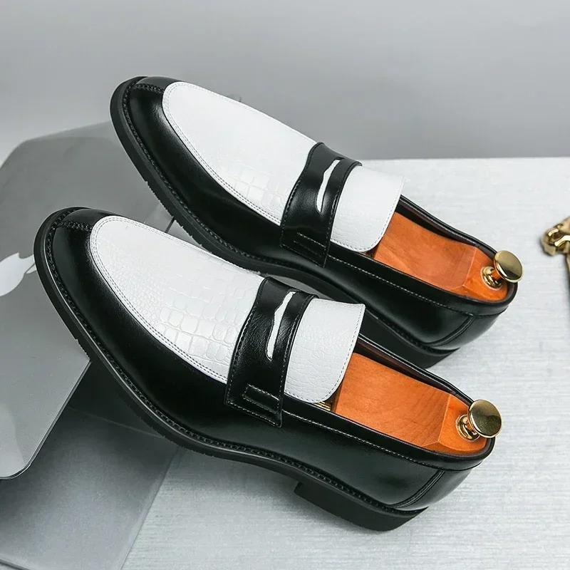 Mocassins de fête pour hommes, couleurs mélangées, chaussures d'affaires en cuir noir et blanc, prod