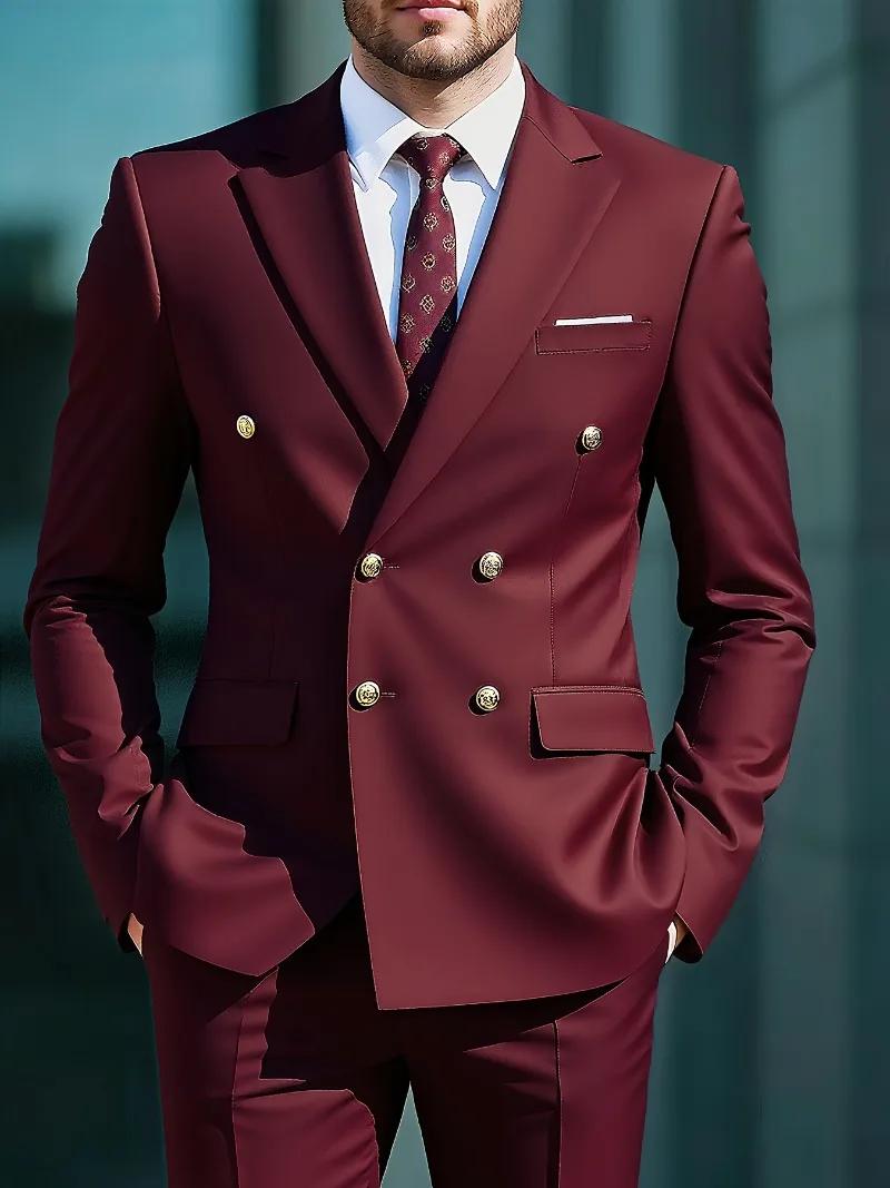 Costume Homme 2 Pièces 2026 Business Sans Repassage Double Boutonnage Boutons Dorés Tendance Rétro C