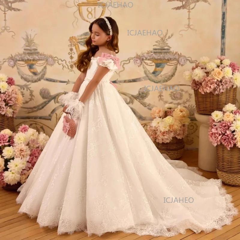Robe de cérémonie blanche pour filles, avec nœud rouge et dentelle, idéale pour demoiselle d'honneur