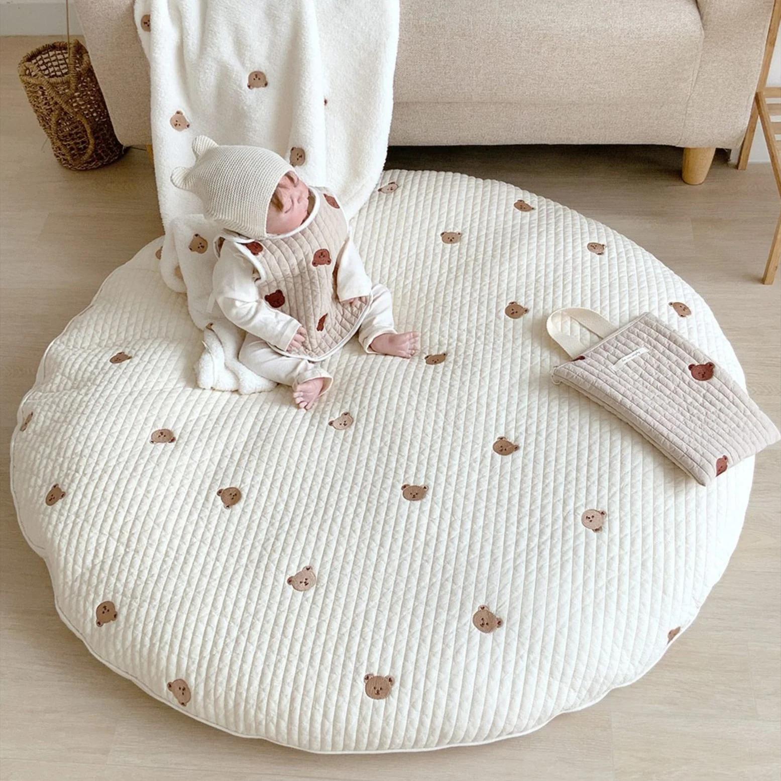 Tapis circulaire lavable brodé pour bébé : style coréen, polymères, carpette de tente enfant nouveauté