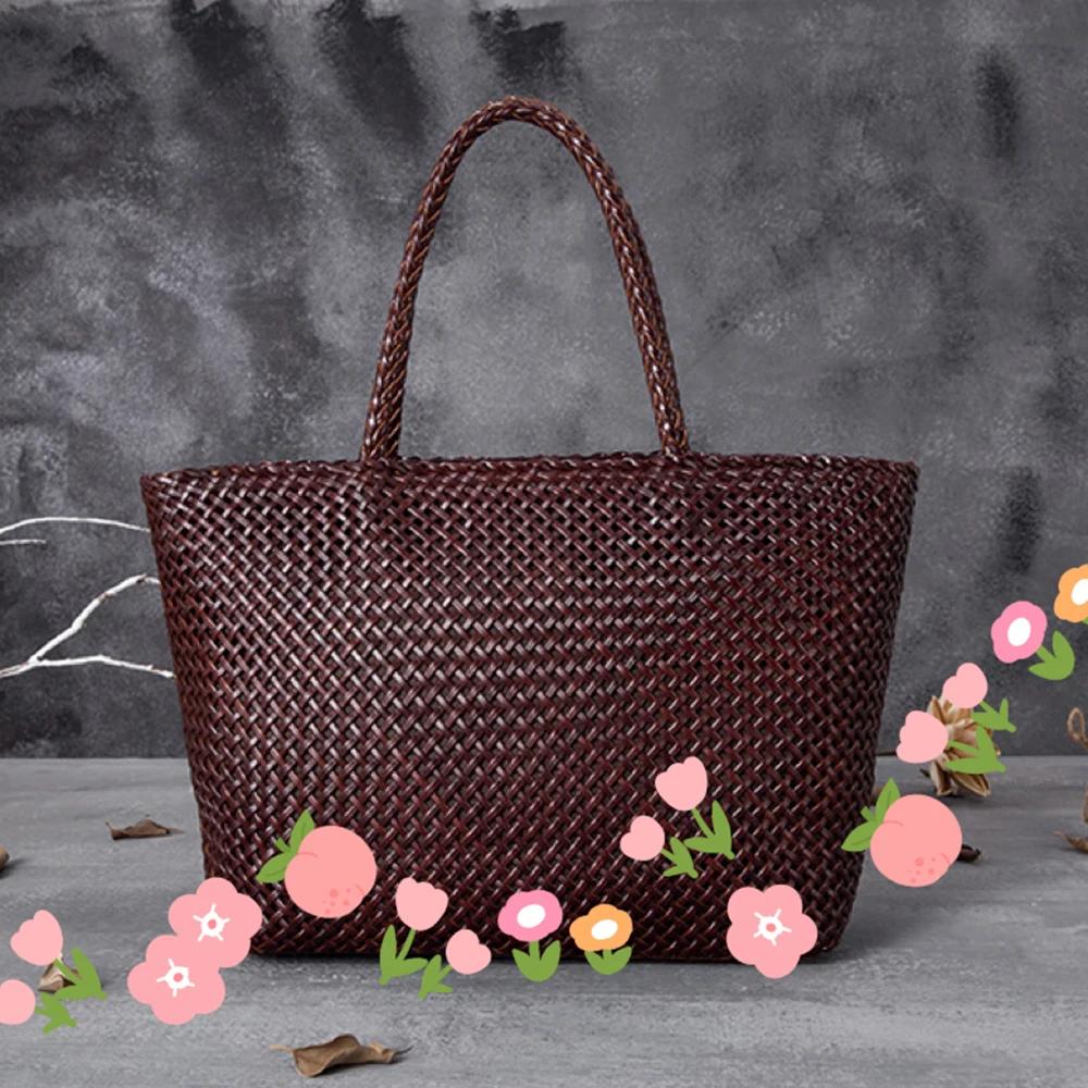 Sac à main en cuir pour femme, grand sac fourre-tout romantique tissé à la main, sac seau en cuir de