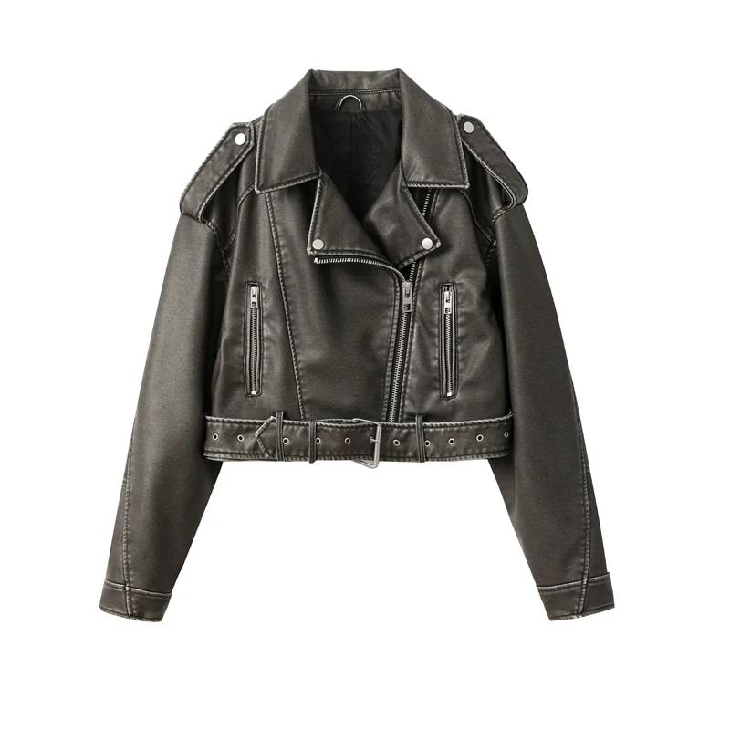 2025New Coal gray le Veste en cuir lavé pour femme avec ceinture, manteau court avec fermeture éclai