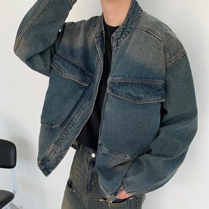 Vestes en jean à col montant tendance pour hommes, style américain ample, décontractées, vintage, dé