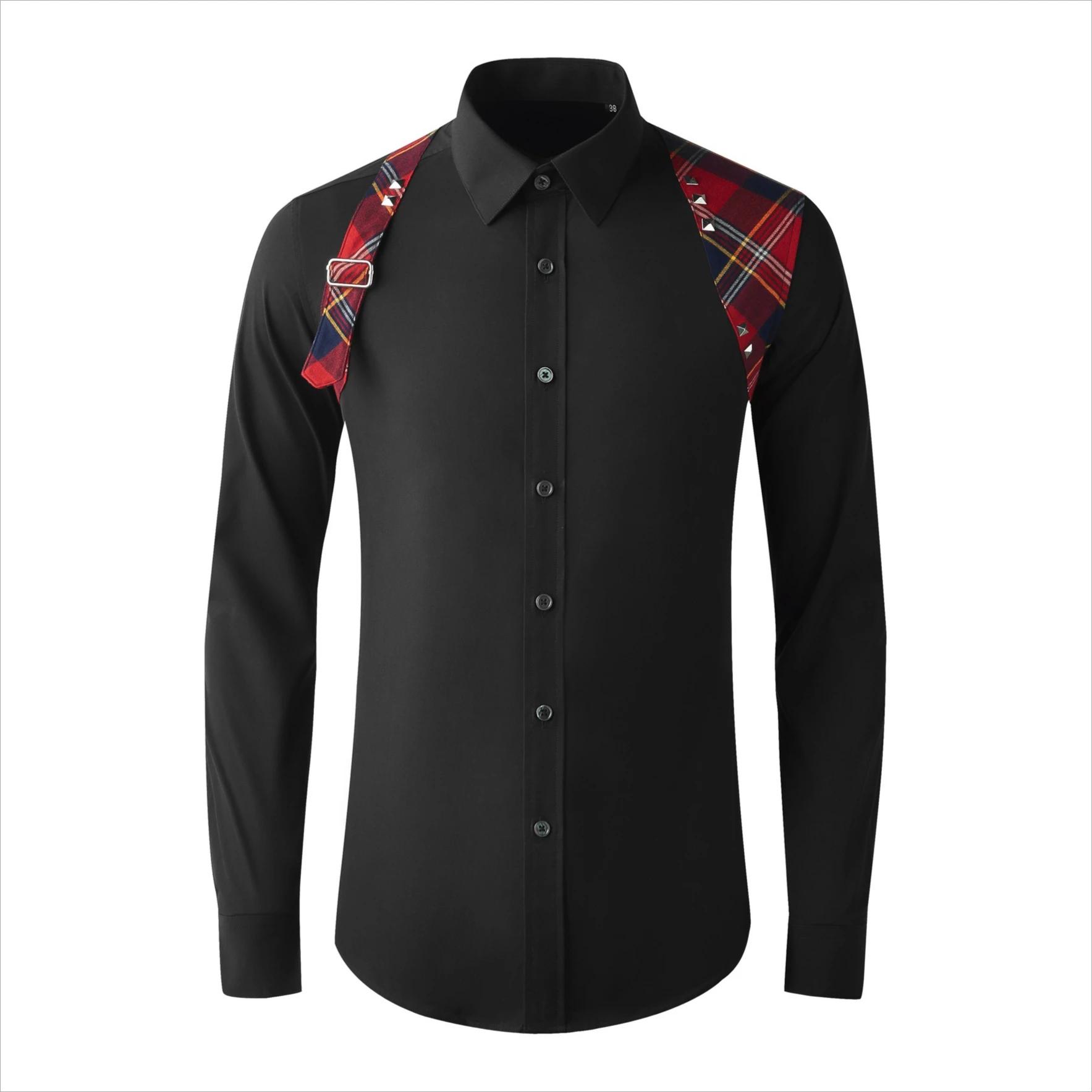 Chemise à manches longues pour hommes, bretelles d'épaule, épissure à carreaux, décoration à rivets,