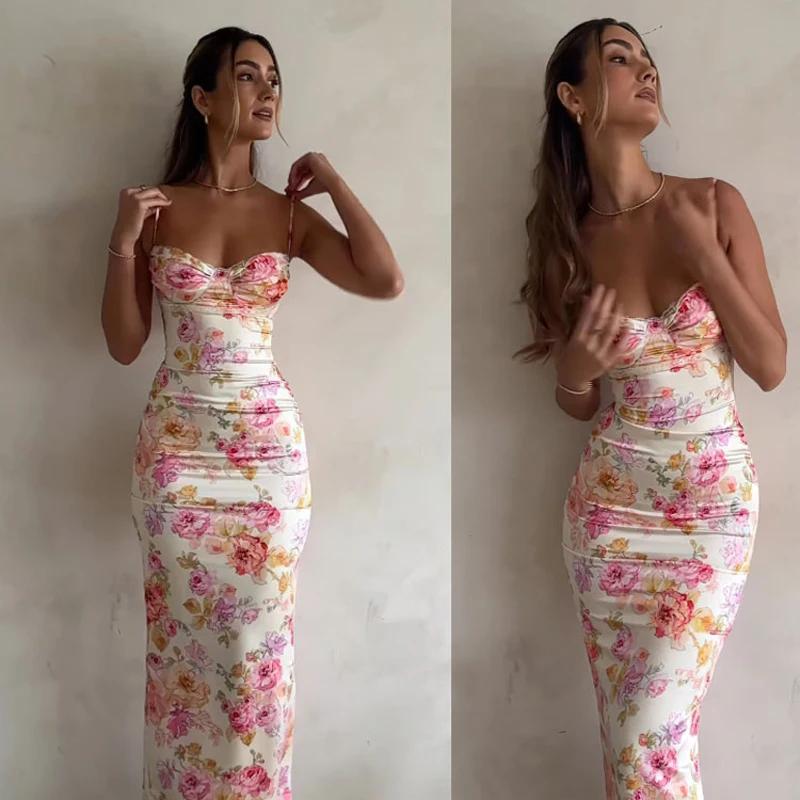 Robe à bretelles florales fendue, Slim, sans manches, Style plage, bretelles Spaghetti, vêtements po