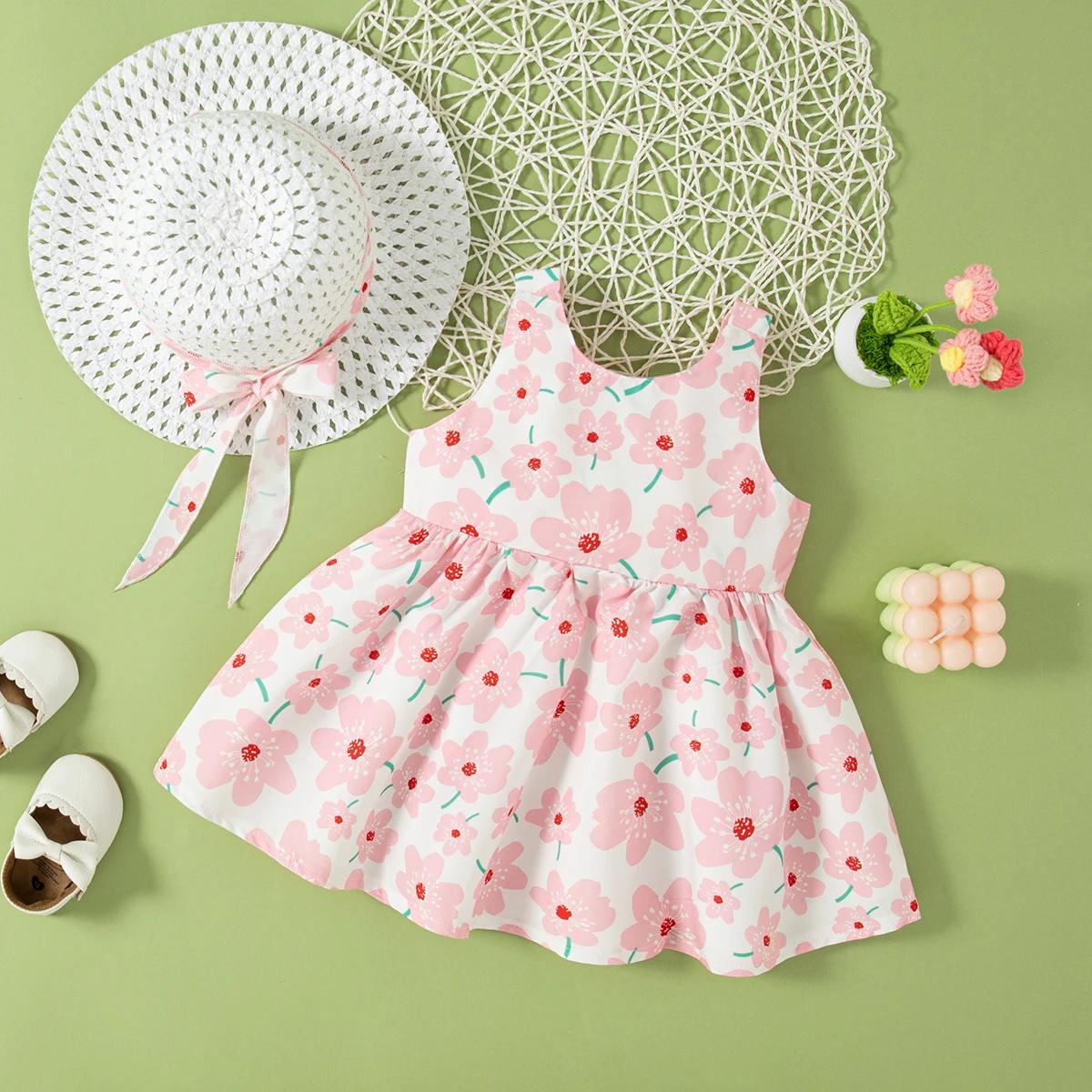Robe florale pour petites filles de 0 à 2 ans, tenue d'été avec chapeau gratuit pour fête sur la pla