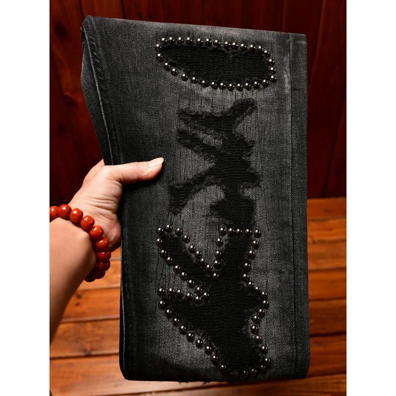 Jean noir pour hommes, Design de décor en métal, tendance, déchiré, mode rétro nostalgique, pantalon