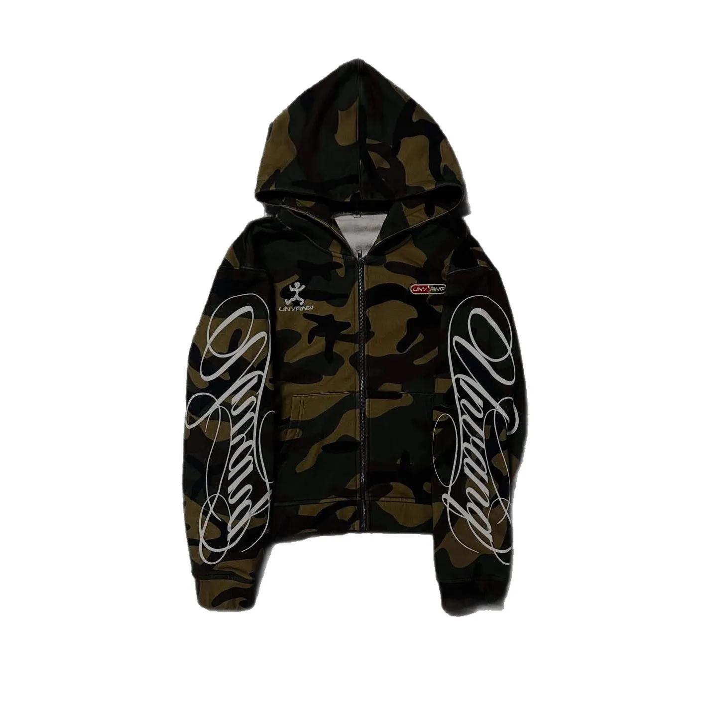 Sweat-shirt à capuche avec fermeture éclair pour hommes et femmes, mode streetwear, broderie camoufl