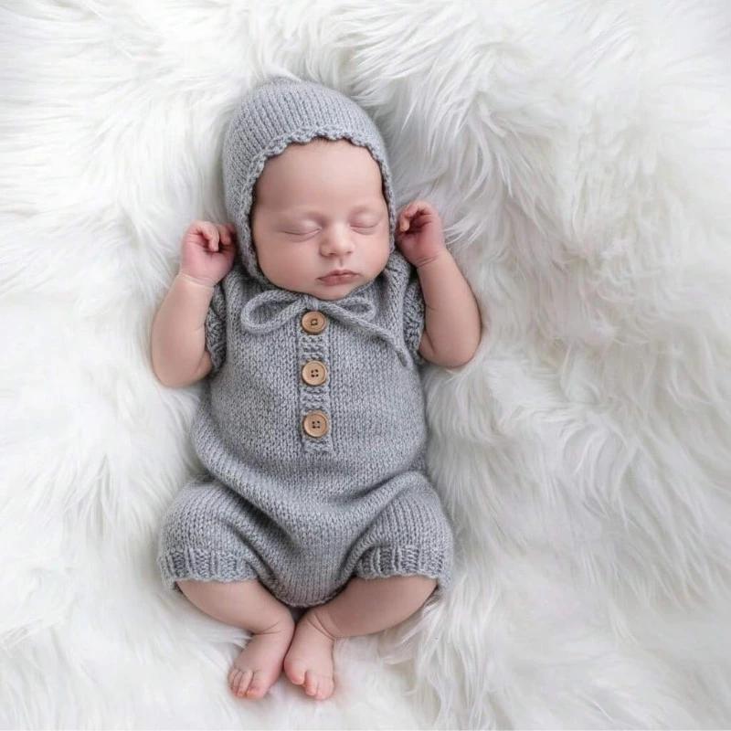 Barboteuse en Crochet faite à la main pour bébé, 2 pièces, avec chapeau, tenues de photographie pour