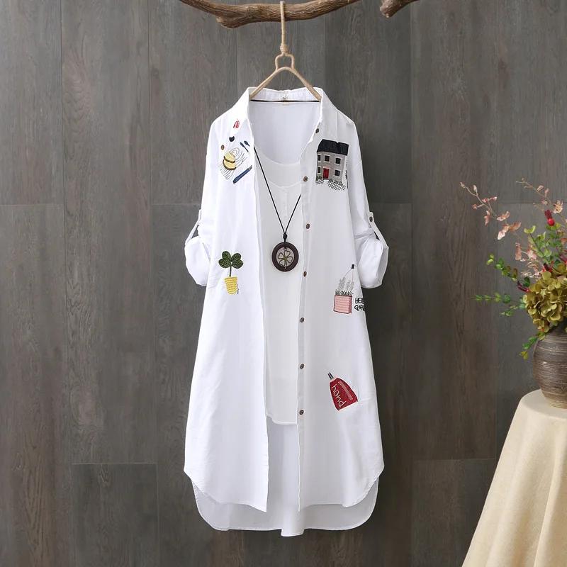 Femmes coton broderie ample longues chemises blanches 2025 printemps automne nouveau décontracté bur