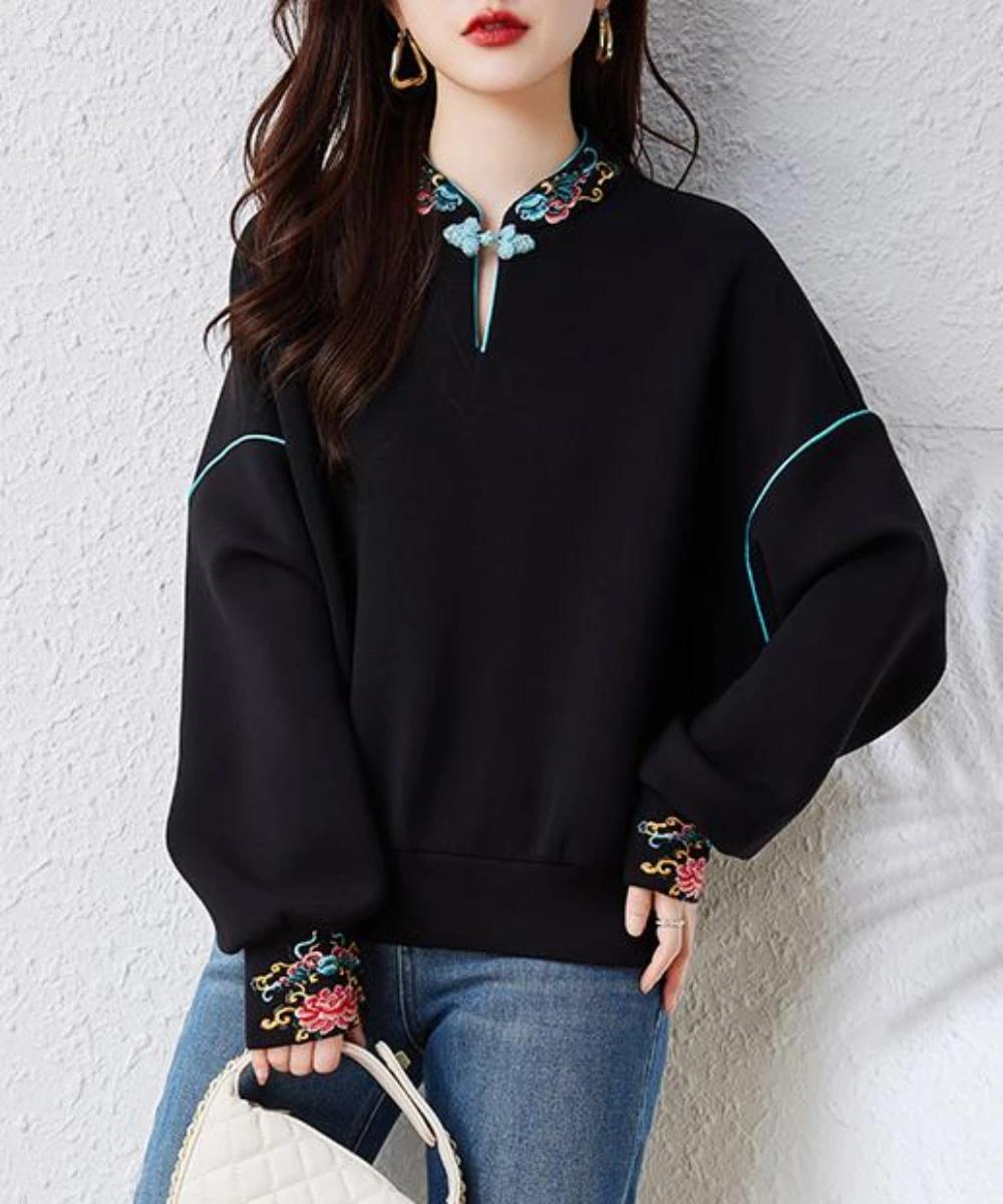 Sweat-shirt à capuche de style chinois pour femme, pull à la mode, décontracté, printemps-automne