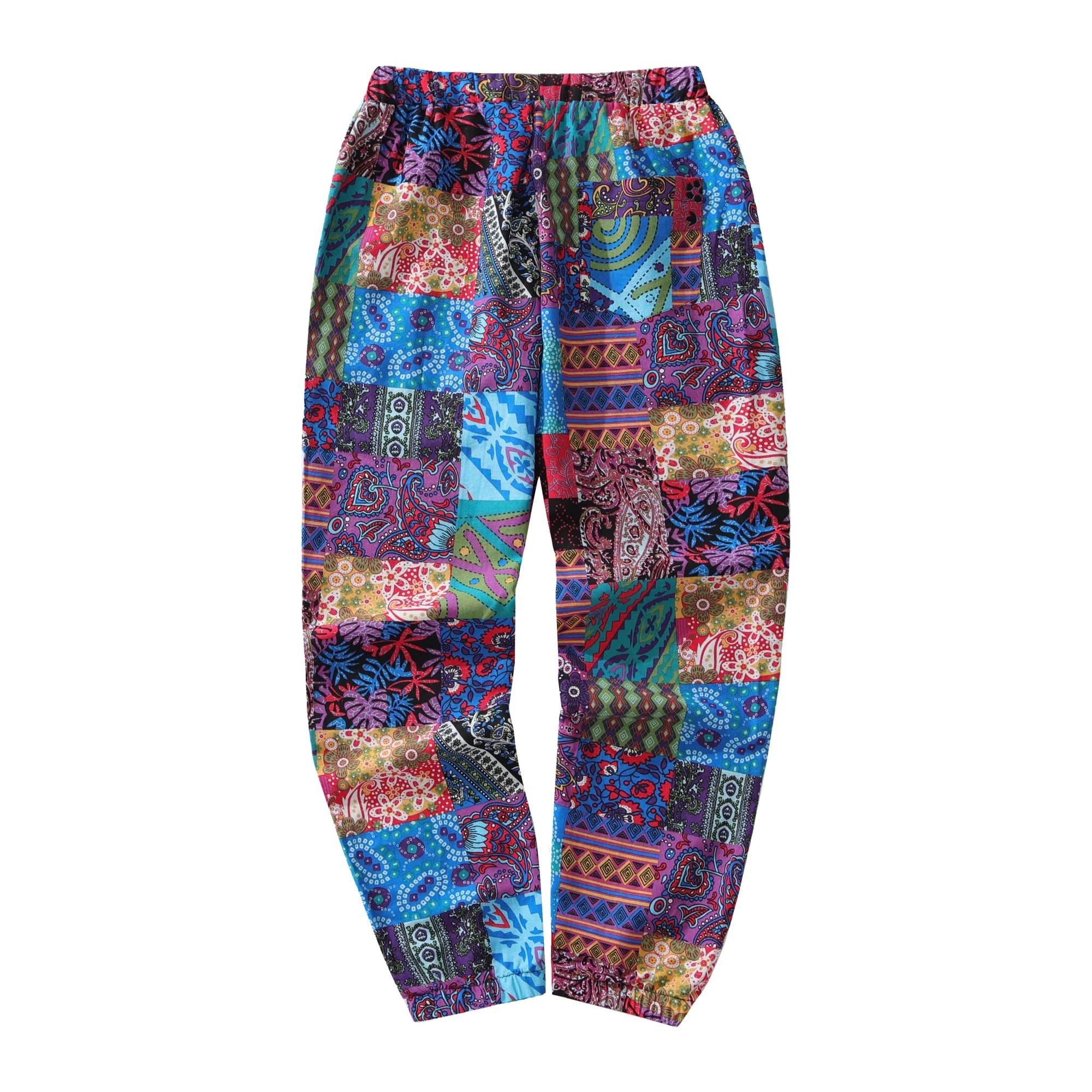 Pantalon Décontracté en Coton et Lin pour Homme, Imprimé Paisley Ethnique, Taille Moyenne, avec Ferm