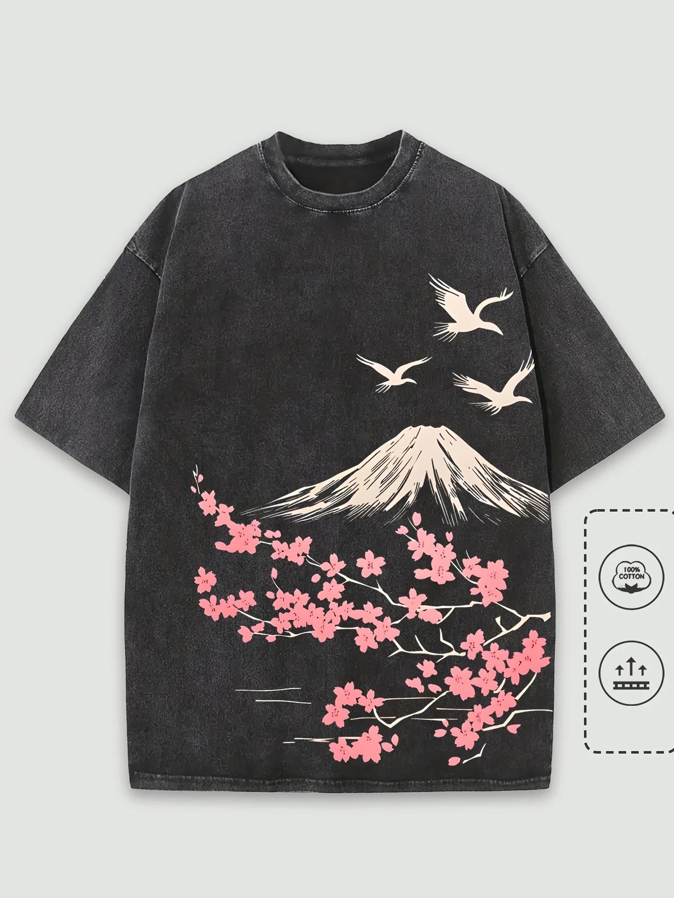 T-Shirt col rond unisexe, Vintage, Hip Hop, décontracté, 100% coton, lavé, Floral, montagne, imprimé