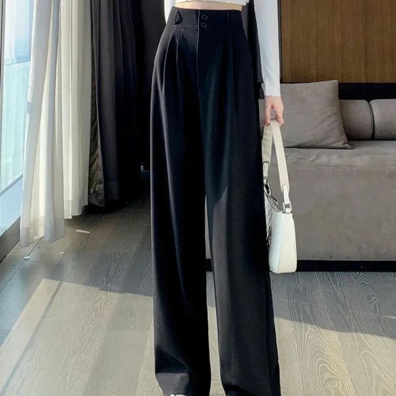 Pantalon à jambes larges pour femmes, élégant, Style coréen, taille haute, Baggy noir, bureau, mode 