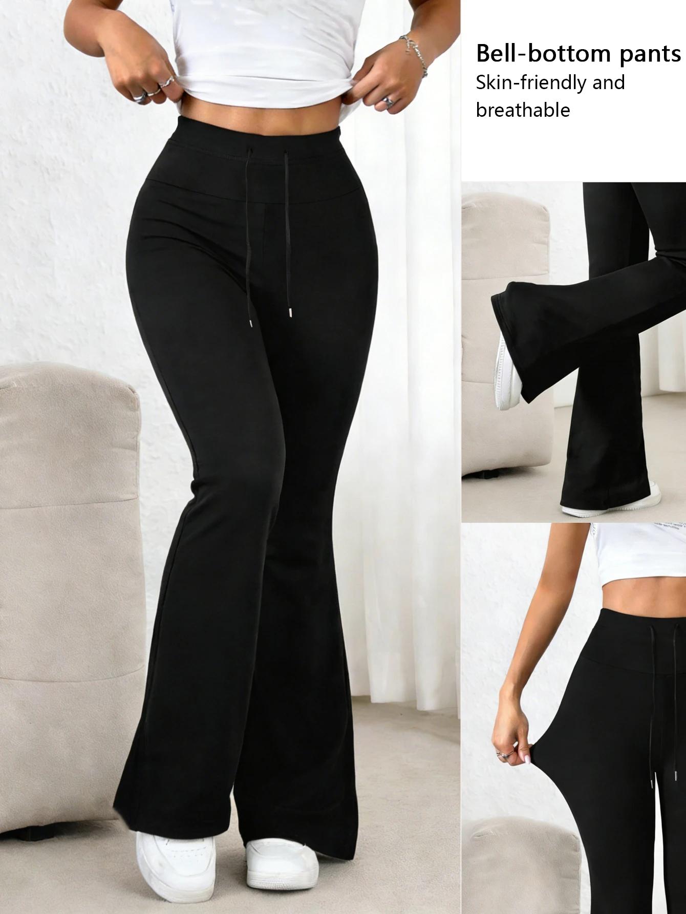 Pantalon noir taille haute à cloche pour femmes, cordon de serrage à la taille, extensible, doux pou