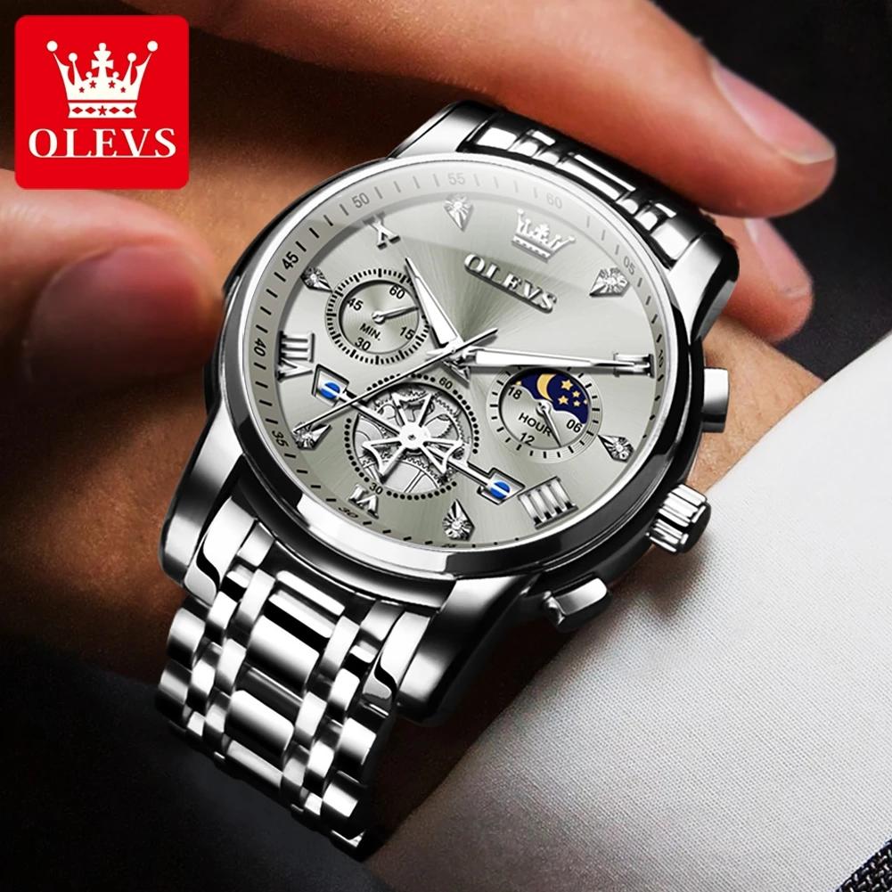 OLEVS-Montre-bracelet classique à quartz pour homme, chronographe multifonctionnel, phase de lune or