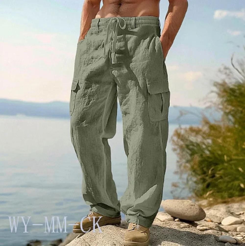 NOUVEAU Pantalon en coton et lin pour hommes européens et américains, pantalon de travail multi-poch