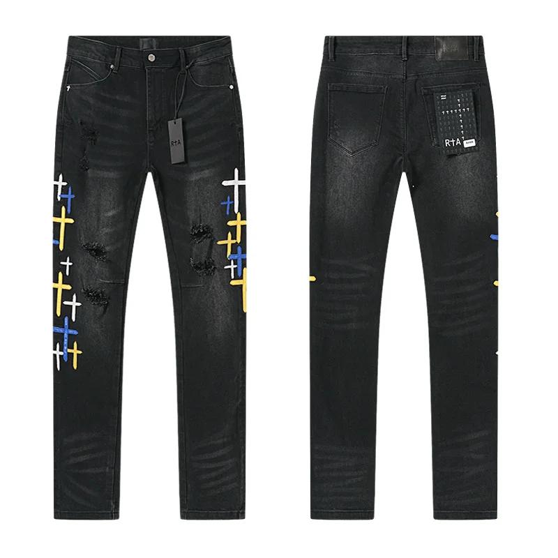 2025 nouveau trou de rayure détruit hommes haute rue coupe ajustée maigre noir clair broderie Denim 