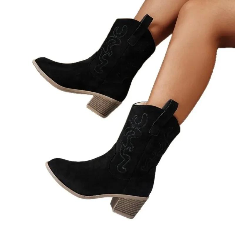 Bottines Western pour femmes, style cowgirl, vintage, bout pointu, talon épais, en cuir, à enfiler, 