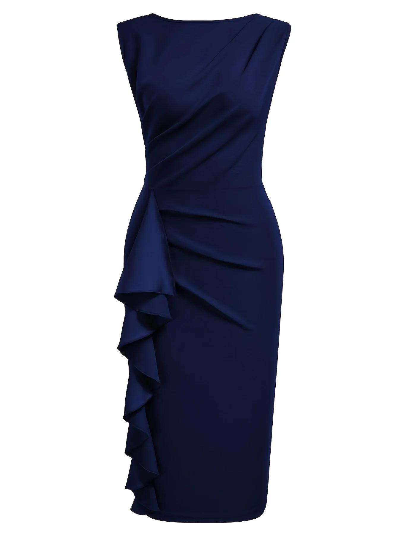 Robe fourreau élégante pour femme, col rond, sans manches, style vintage, ajustée, pour le travail, 