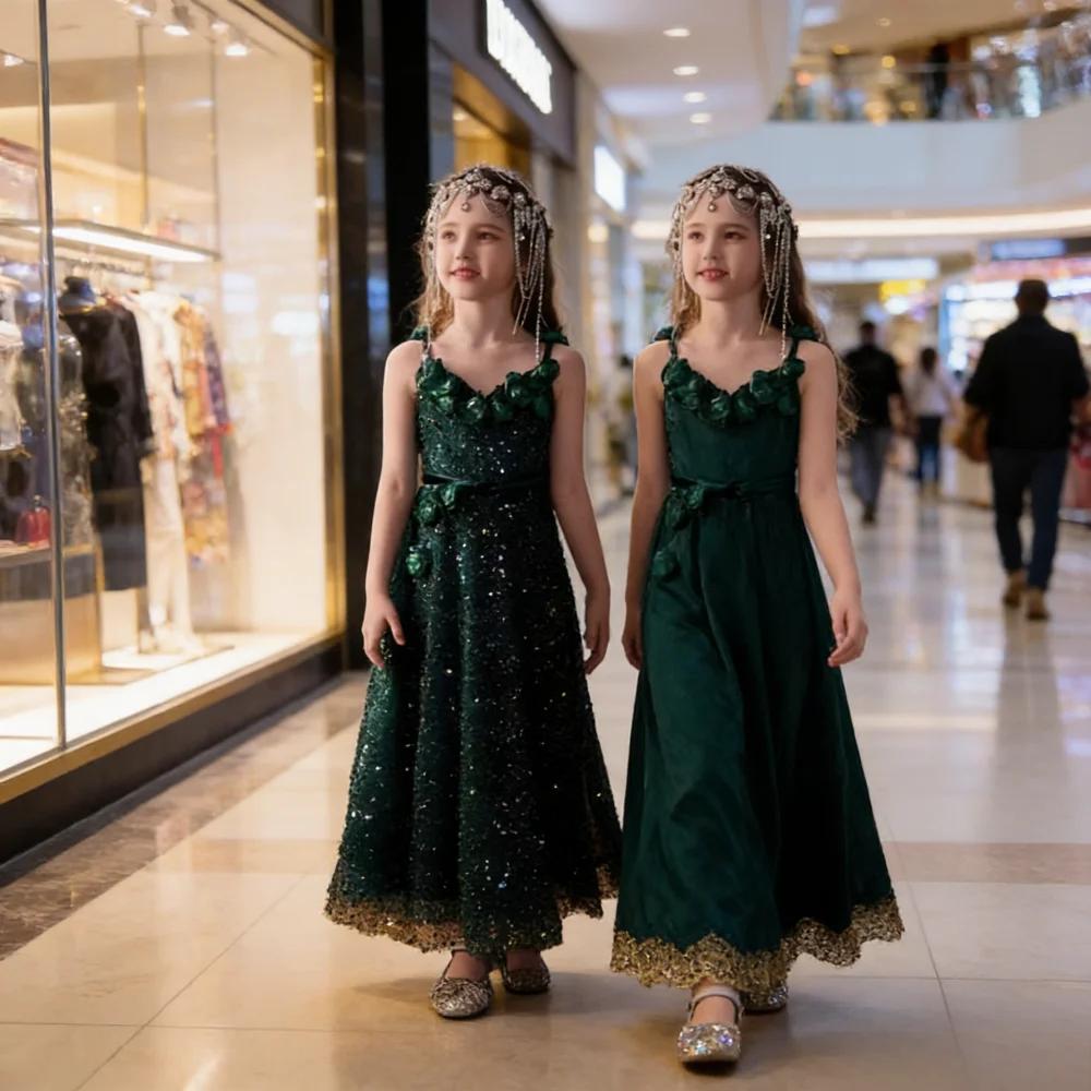 Robe de princesse vert forêt pour filles, robe de cérémonie pour enfants, robe de mariée pour filles