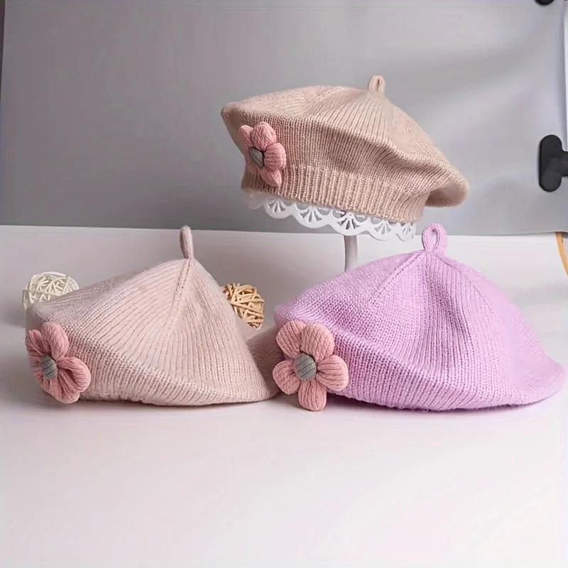 Béret à fleurs pour bébé, bonnet tricoté chaud d'hiver pour nourrissons filles, casquettes de peintr