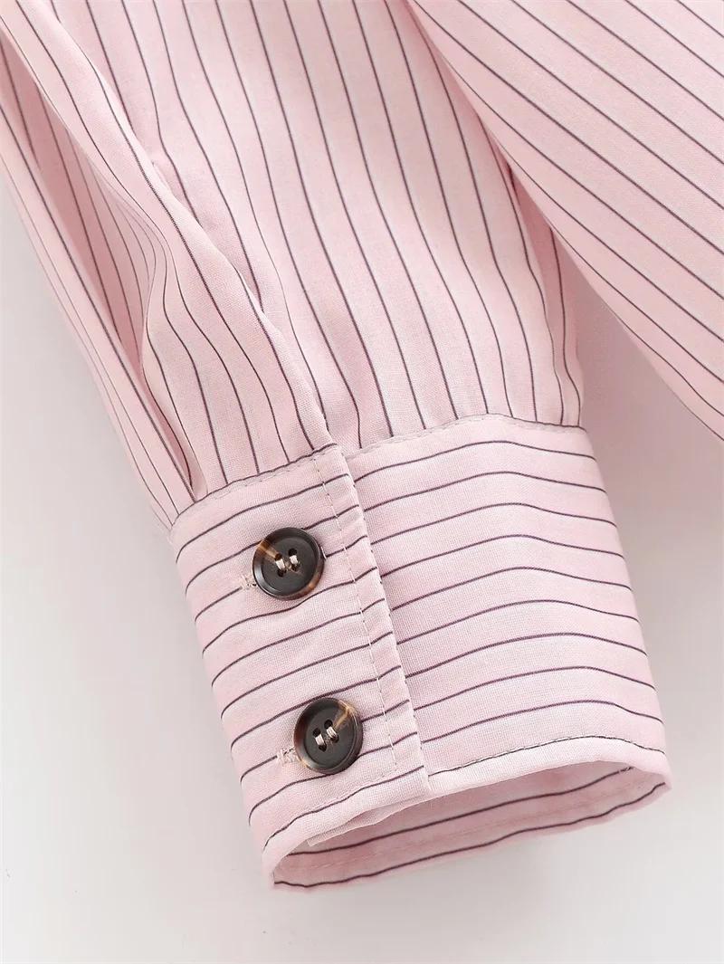 Chemise Femme Printemps 2026 Nouveau Style Rose Rayée Manches Longues Col Montant Boutonnage Simple 