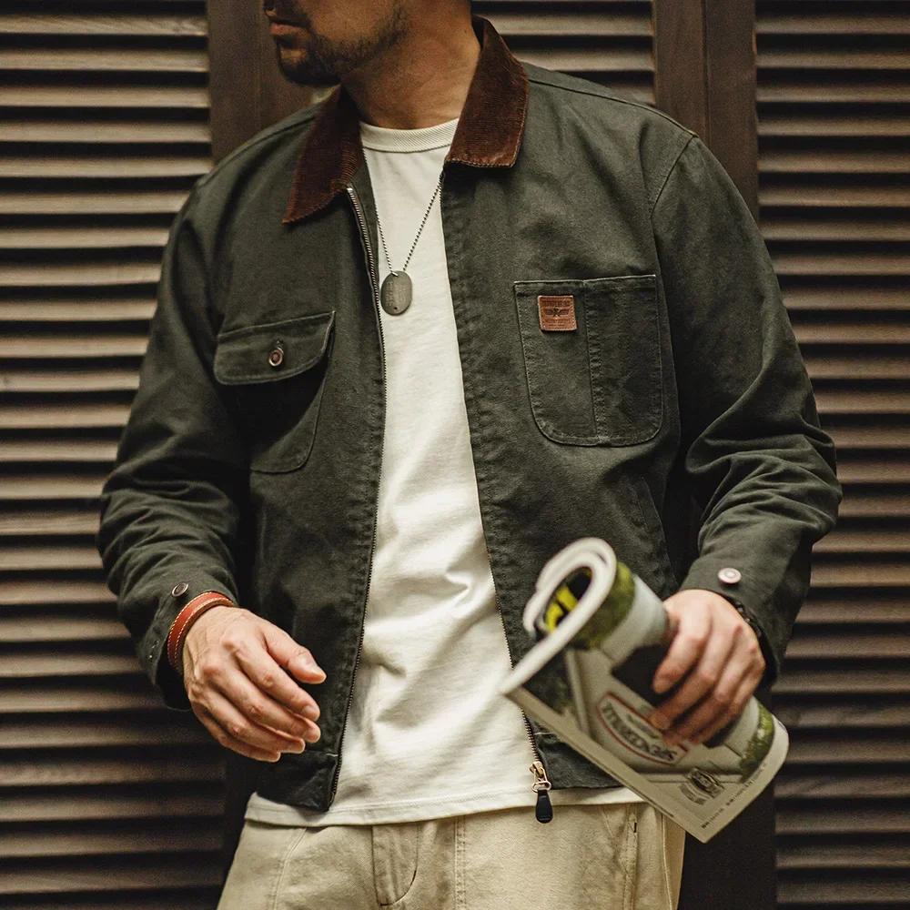 Maden-Veste en toile épaisse rétro pour homme, veste zippée courte avec poches, col en velours côtel