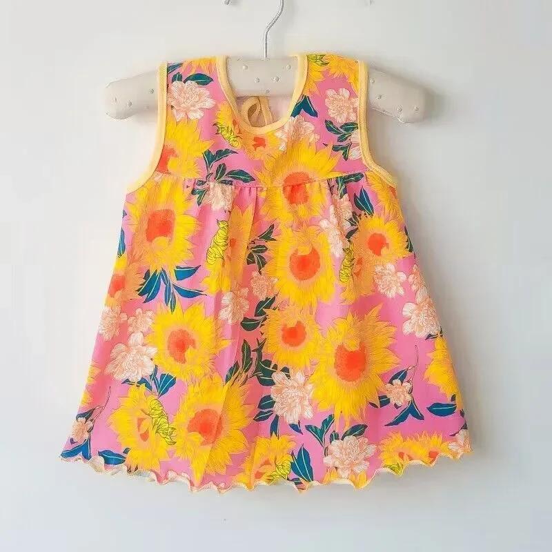 Robes d'été pour bébés filles, en coton, sans manches, imprimé + broderie