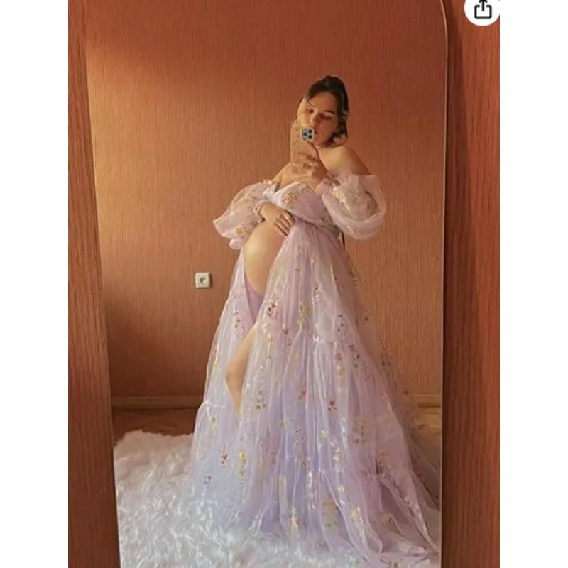 Robe de soirée de maternité sexy – Robe de soirée à fente haute avec broderie florale et manches bou