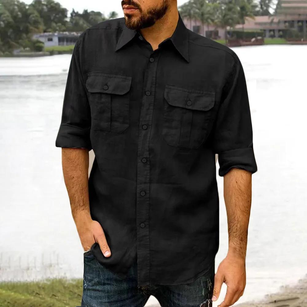 Chemise en coton et lin pour hommes, manches longues, couleur unie, hauts décontractés, revers, Doub