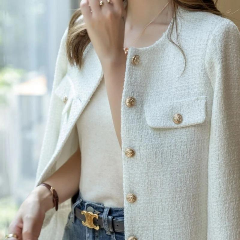 Manteaux coréens pour femmes, veste en laine française Tweed, mode haut de gamme, boutons dorés, cou