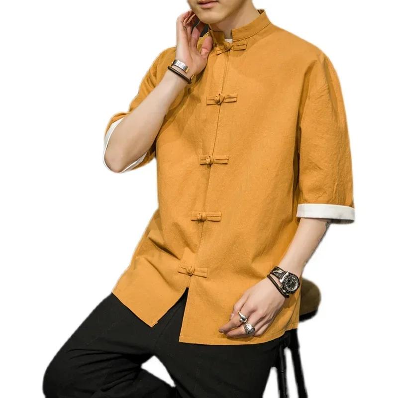 Chemise d'été de Style japonais pour hommes, col montant chinois, Yukata, Kimono samouraï, T-shirt b