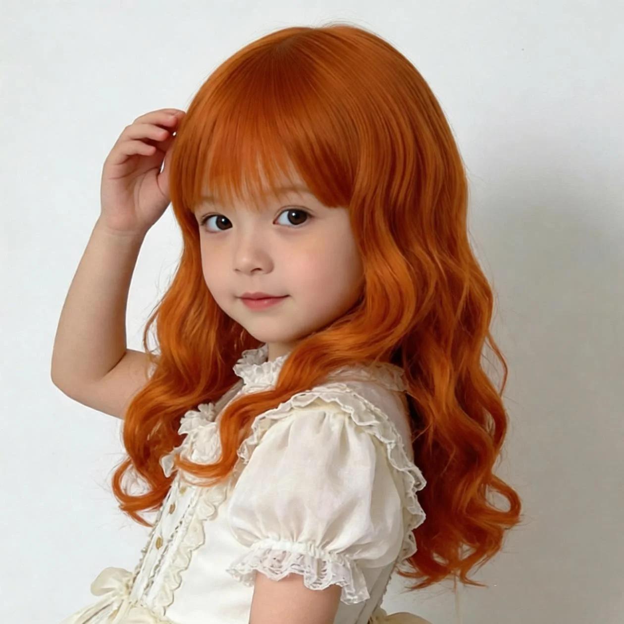 Perruque orange longue bouclée pour fille 2 ans - Accessoire photo et spectacle enfant - Coiffe bébé