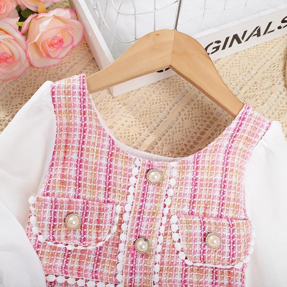 Menoea – robe d'automne pour filles, col rond, carreaux, boutons en dentelle, manches longues, mode 